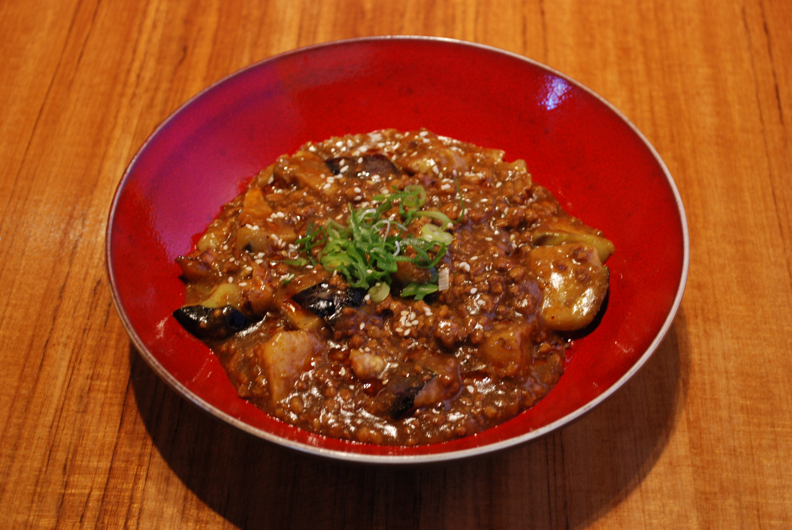 Mapo eggplant in Indian style curry at Japanese Restaurant Raku 0050 Mapo eggplant in Indian style curry at Japanese Restaurant Raku