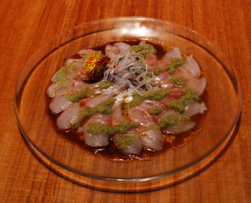 Sea-bass-carpaccio-with-ooba-(japanese-basil)-sauce-DSC_0811