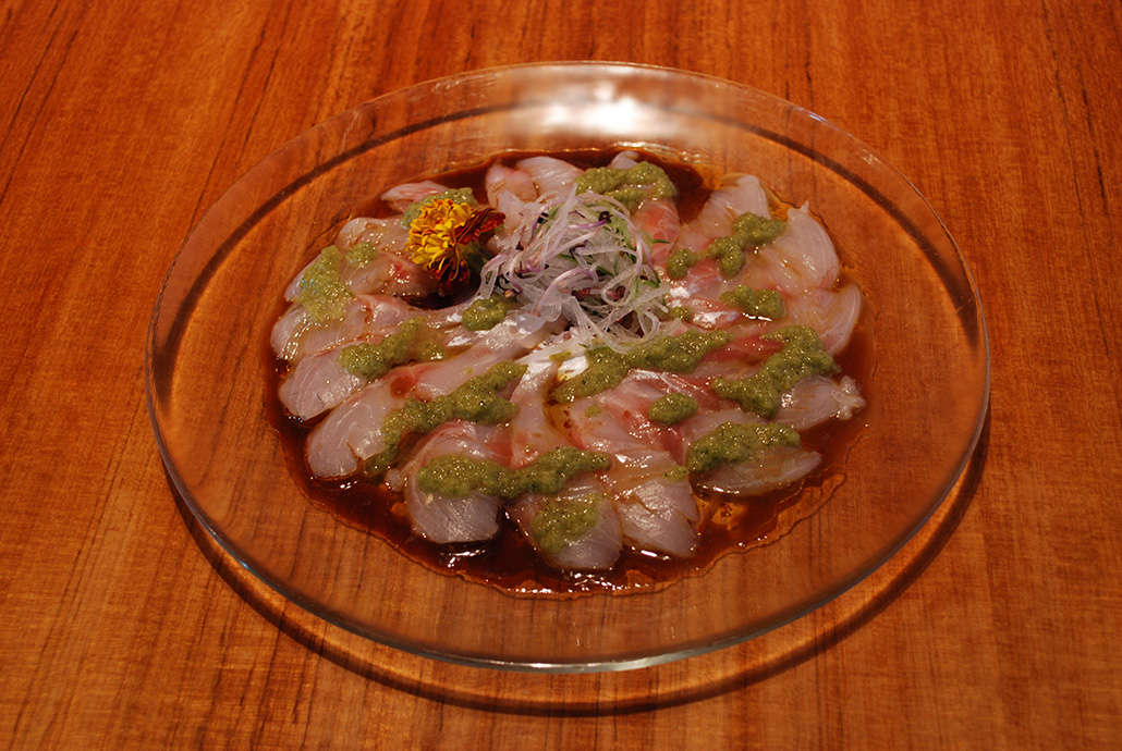 Sea-bass-carpaccio-with-ooba-(japanese-basil)-sauce-DSC_0811
